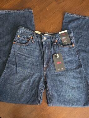 Levi's Women's Dark Blue Linen Blend Ribcage Wide Leg Jeans